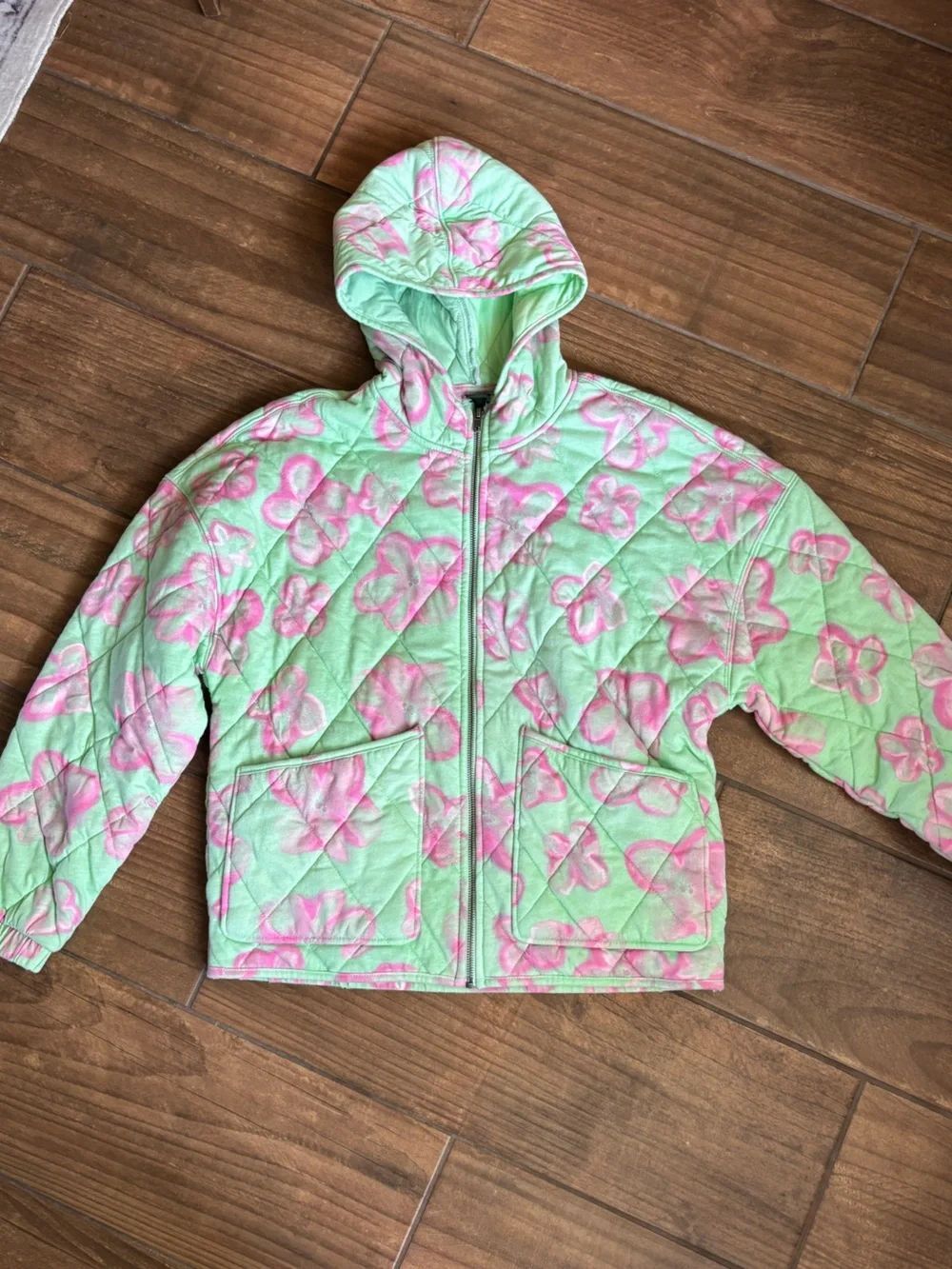 Wild Fable Mint Green & Pink Floral Quilted Hooded Jacket | Size Medium